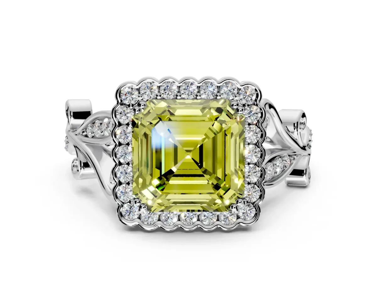 Halo Engagement Ring Setting for Fancy Yellow Asscher Cut Center with Leaf Motif Split Shank and Prong Head in Platinum