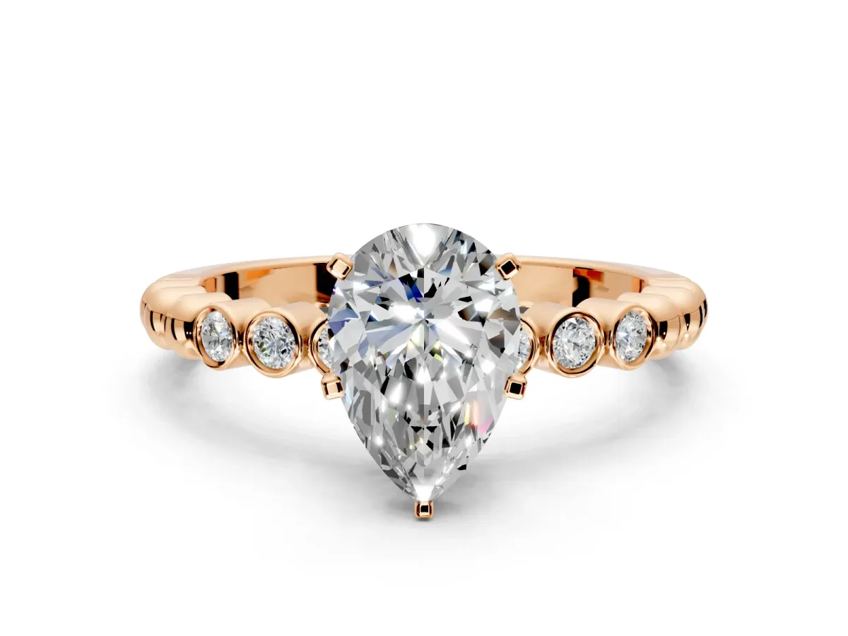 Solitaire Engagement Ring Setting for Pear-Shaped Center with Bezel-Dot Beaded Band and Prong Head in Rose Gold