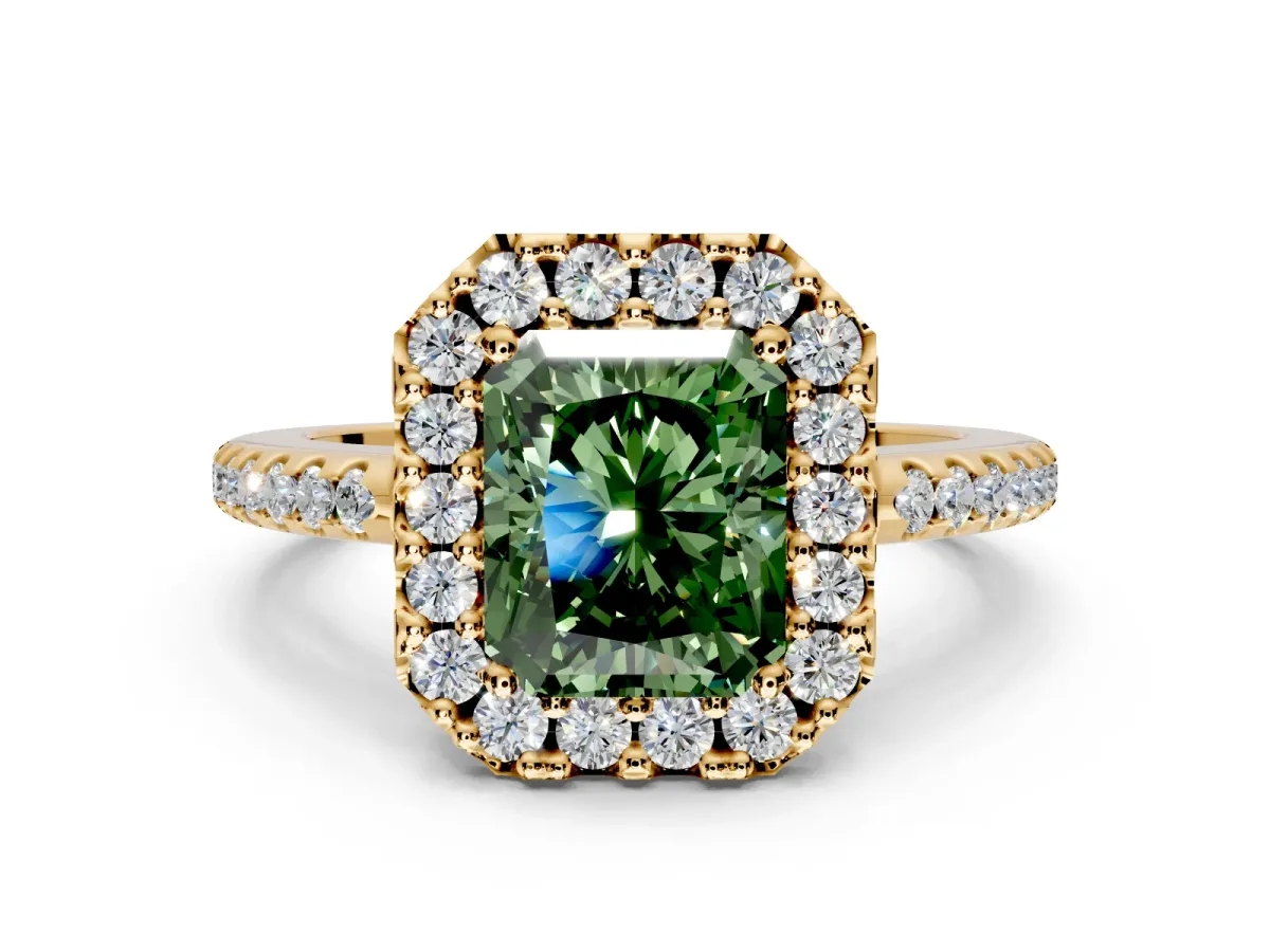 Pave Halo Engagement Ring Setting for Fancy Green Radiant Cut Center with Single Row Pave Band and Prong Head in Yellow Gold