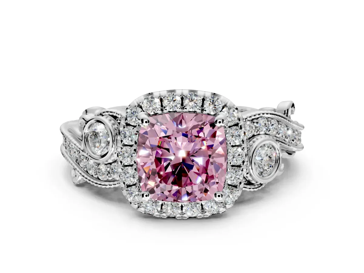 Milgrain Halo Engagement Ring Setting for Fancy Pink Cushion Cut Center with Shoulder Bezels and Prong Head in Sterling Silver