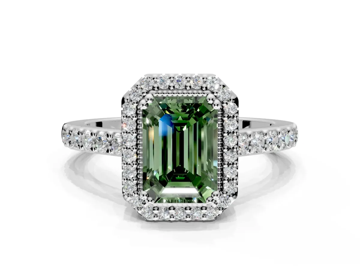 Halo Engagement Ring Setting for Fancy Green Emerald Cut Center with Inner Milgrain Border and Prong Head in Platinum