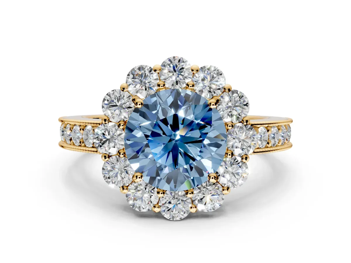 Halo Engagement Ring Setting for Fancy Blue Round Cut Center with Milgrain Channel Band and Prong Head in Yellow Gold
