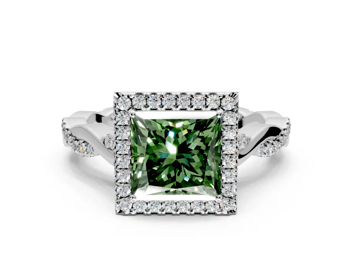 Halo Engagement Ring Setting for Fancy Green Princess Cut Center with Twist Band and Prong Head in Platinum