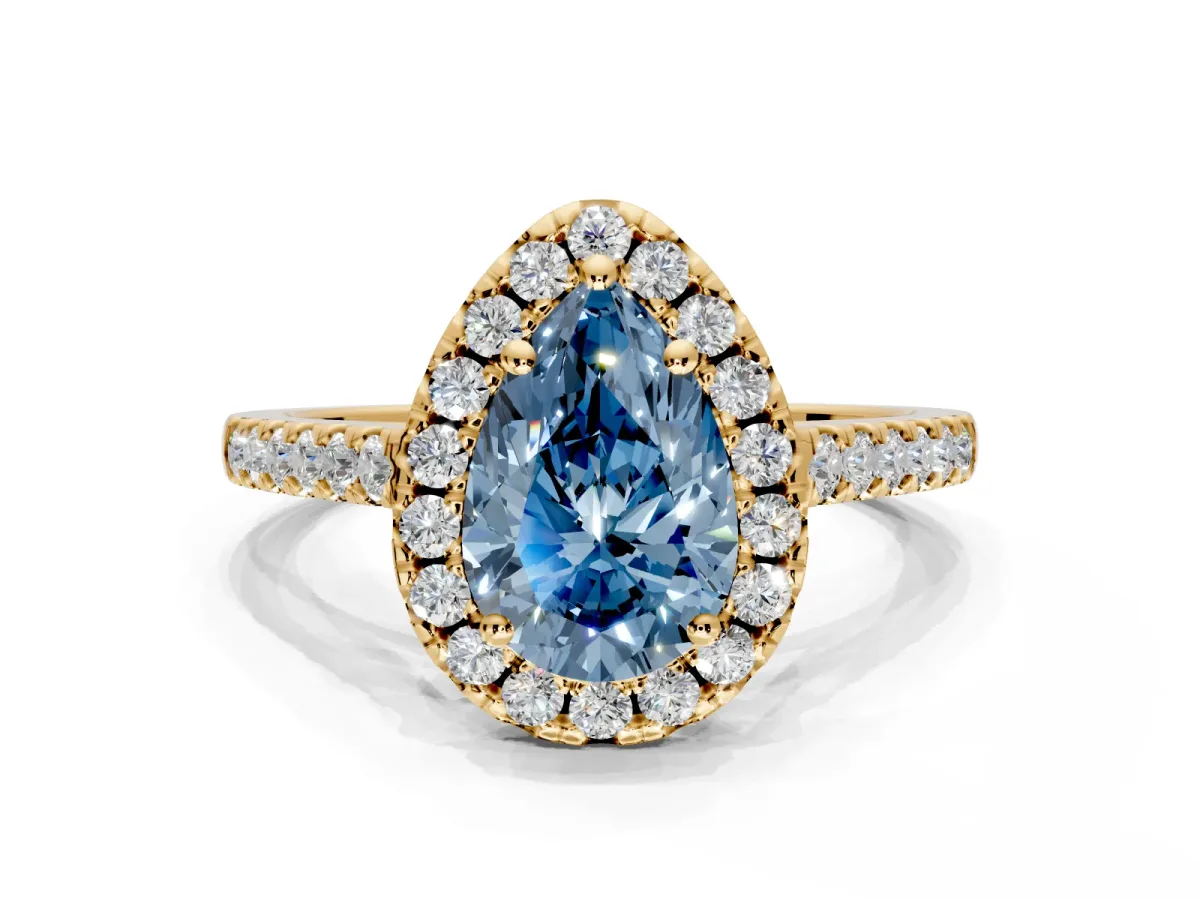 Halo Engagement Ring Setting for Fancy Blue Pear-Shaped Center with Raised Halo, Pave Band and Prong Head in Yellow Gold