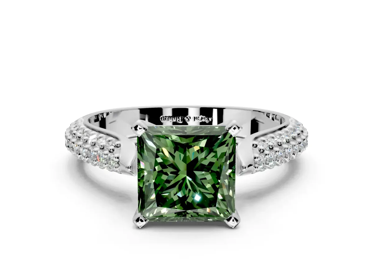 Solitaire Engagement Ring Setting for Fancy Green Princess Cut Center with Multi-Row Accents and Prong Head in Sterling Silver