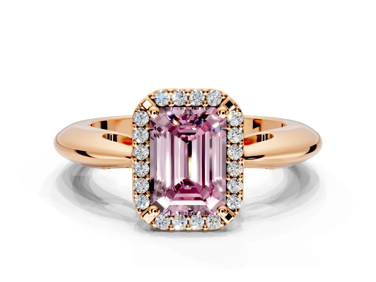 Halo Engagement Ring Setting for Fancy Pink Emerald Cut Center with Tapered Plain Band and Prong Head in Rose Gold
