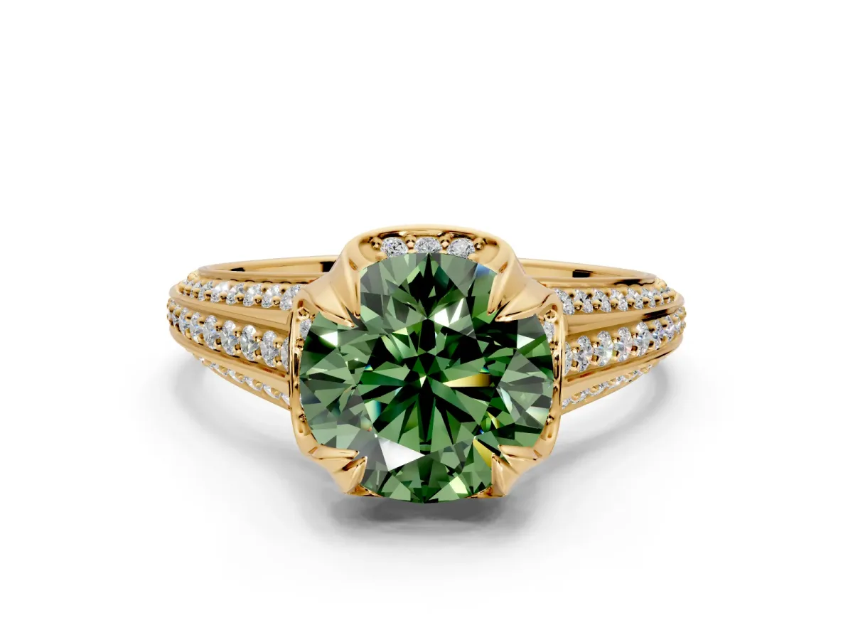 Solitaire Engagement Ring Setting for Fancy Green Round Cut Center with Accented Split Shank and Prong Head in Yellow Gold