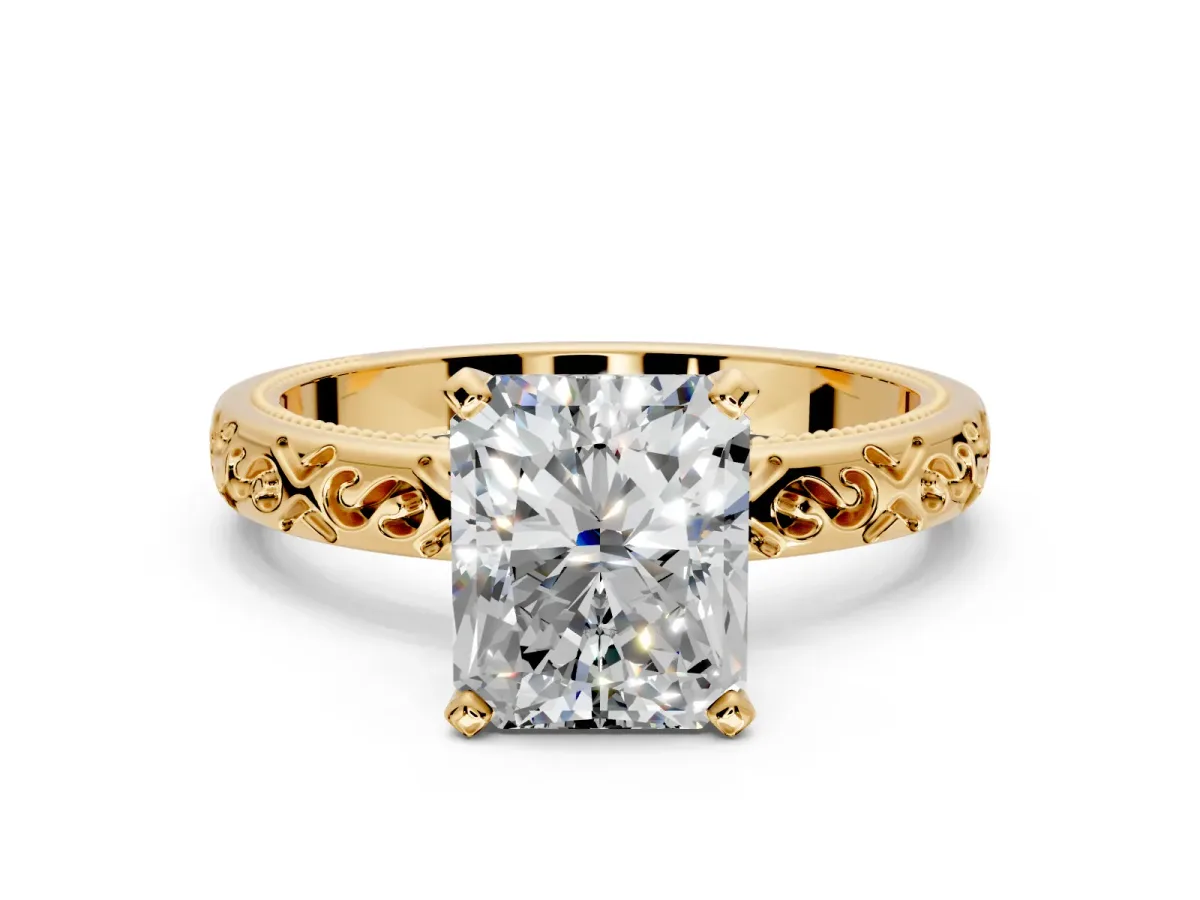 Solitaire Engagement Ring Setting for Radiant Cut Center with Scrollwork Band and Prong Head in Yellow Gold