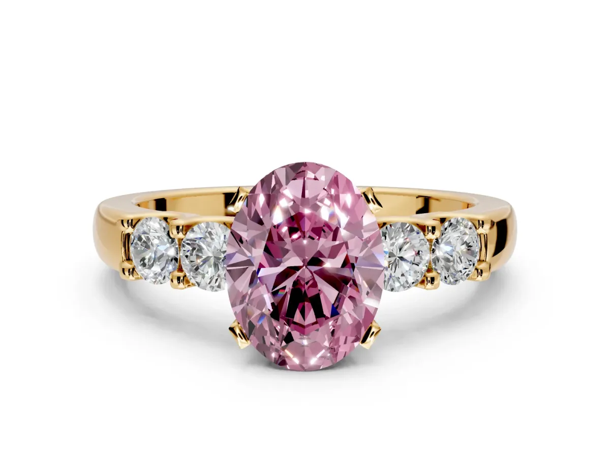5 Stone Engagement Ring Setting for Fancy Pink Oval Center with Plain Band and Prong Head in Yellow Gold