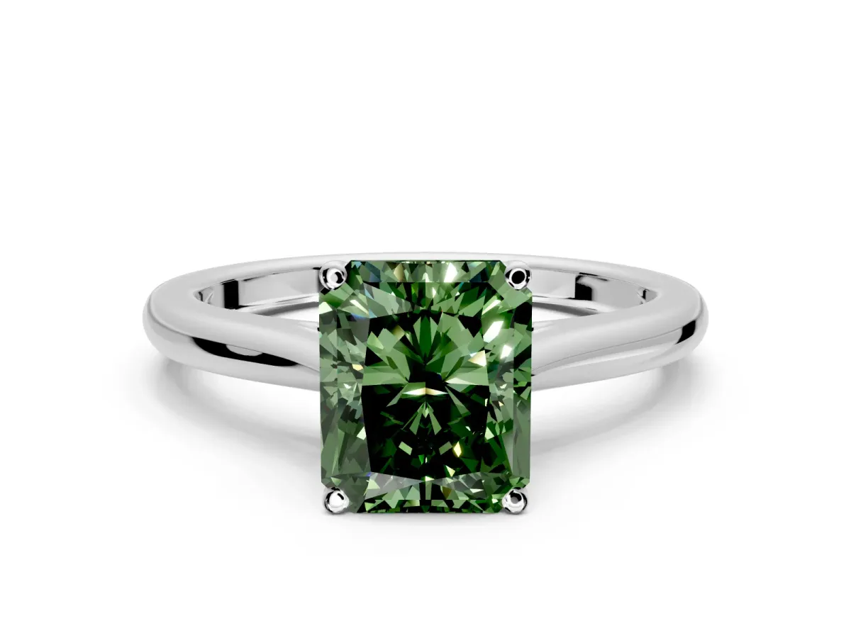 Solitaire Engagement Ring Setting for Fancy Green Radiant Cut Center with Narrow Cathedral Band and Prong Head in White Gold