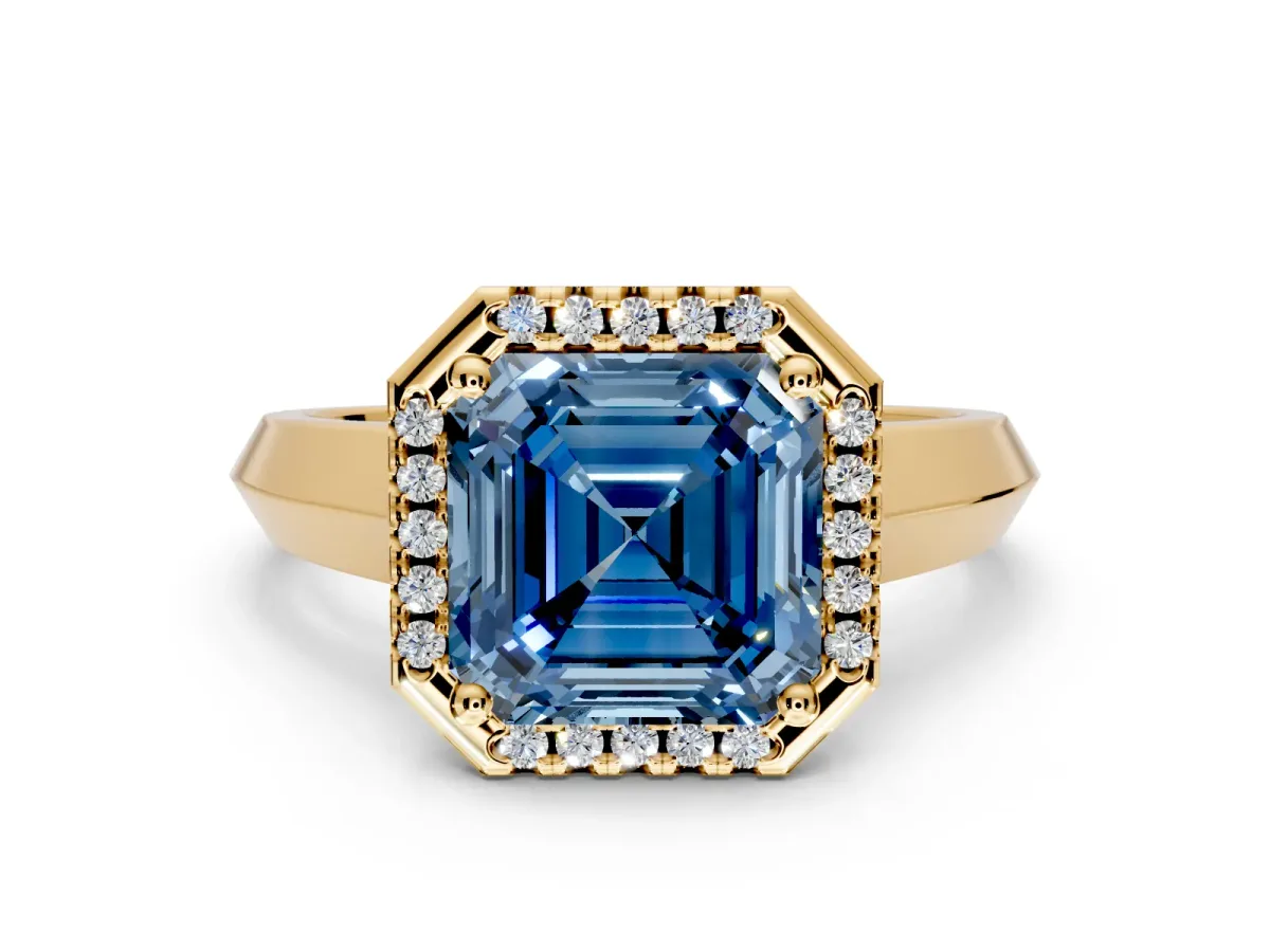 Halo Engagement Ring Setting for Fancy Blue Asscher Cut Center with Knife Ridge Cathedral Band and Prong Head in Yellow Gold