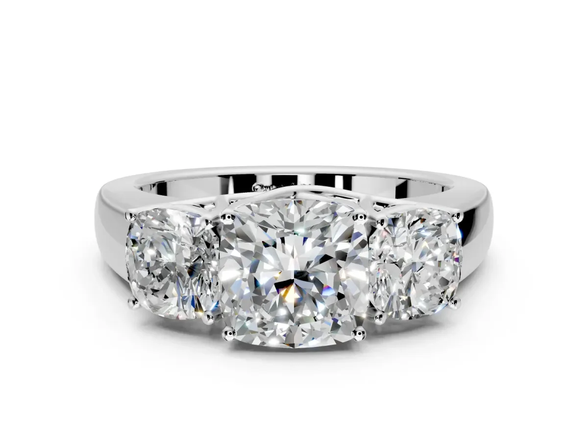 3 Stone Engagement Ring Setting for Cushion Cut Center with Raised Basket Heads and Prong Head in Sterling Silver