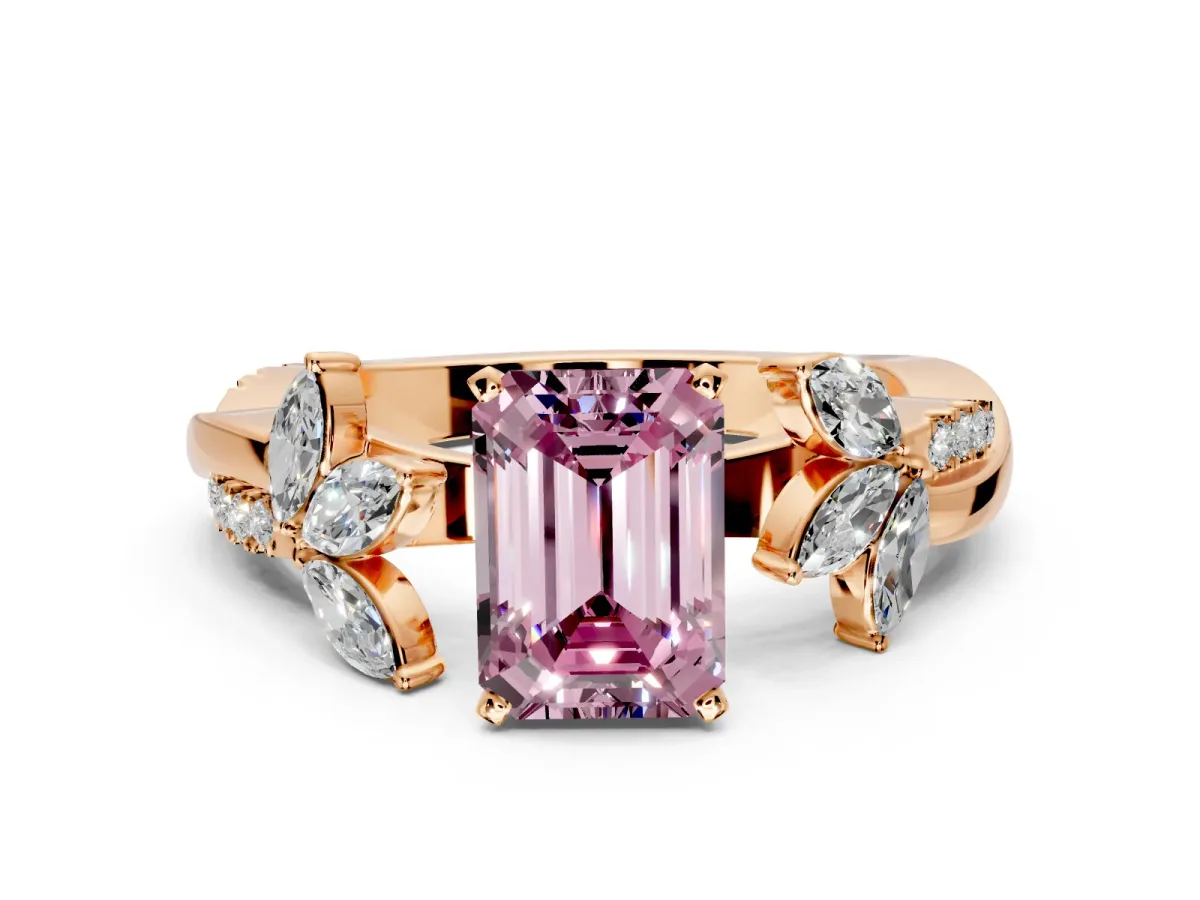 Floral Engagement Ring Setting for Fancy Pink Emerald Cut Center with Trailing Marquise Accents and Prong Head in Rose Gold