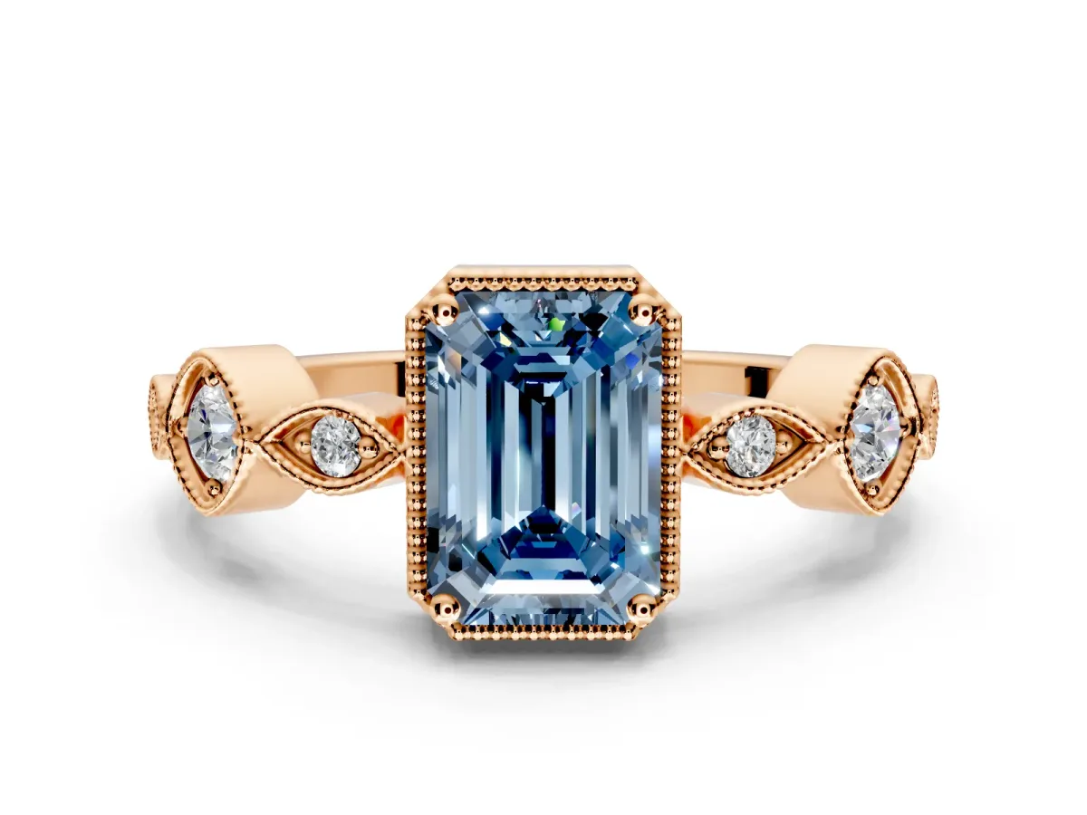 Vintage Station Engagement Ring Setting for Fancy Blue Emerald Cut Center with Accents and Prong Head in Rose Gold