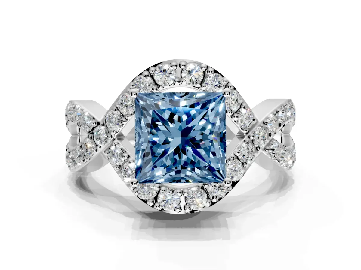 Halo Engagement Ring Setting for Fancy Blue Princess Cut Center with Pave Infinity Twist Band and Prong Head in White Gold