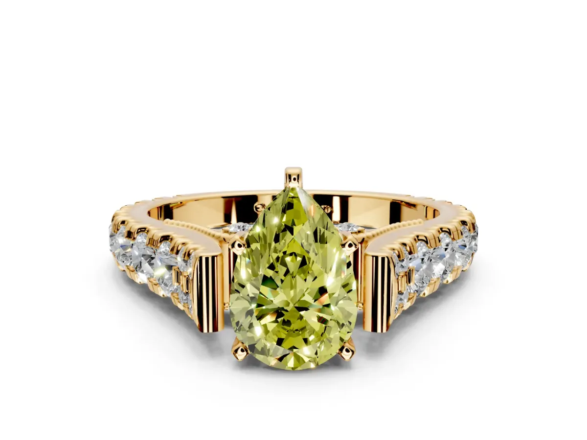 Solitaire Engagement Ring Setting for Fancy Yellow Pear-Shaped Center with Pave Cathedral Shoulders and Prong Head in Yellow Gold