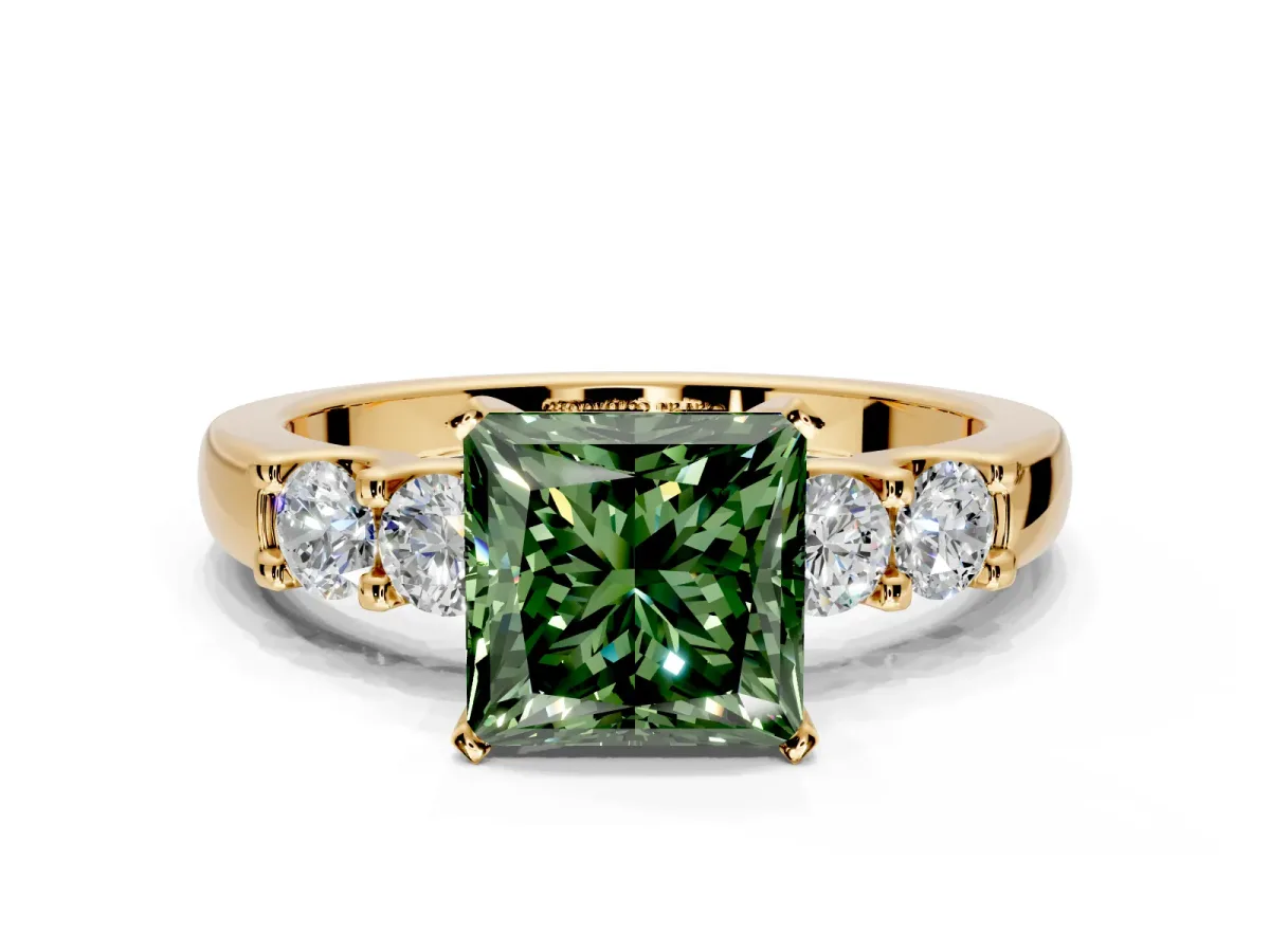 5 Stone Engagement Ring Setting for Fancy Green Princess Cut Center with Plain Band and Prong Head in Yellow Gold