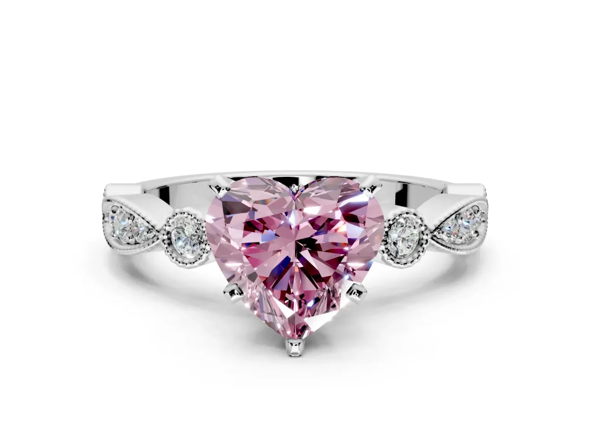 Solitaire Engagement Ring Setting for Fancy Pink Heart-Shaped Center with Milgrain Bezel Accents and Prong Head in White Gold
