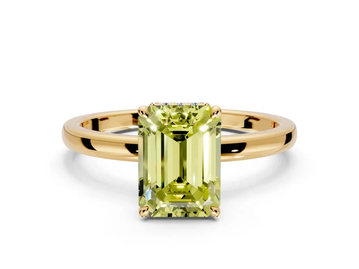 Hidden Halo Engagement Ring Setting for Fancy Yellow Emerald Cut Center with Plain Band and Tall Prong Head in Yellow Gold