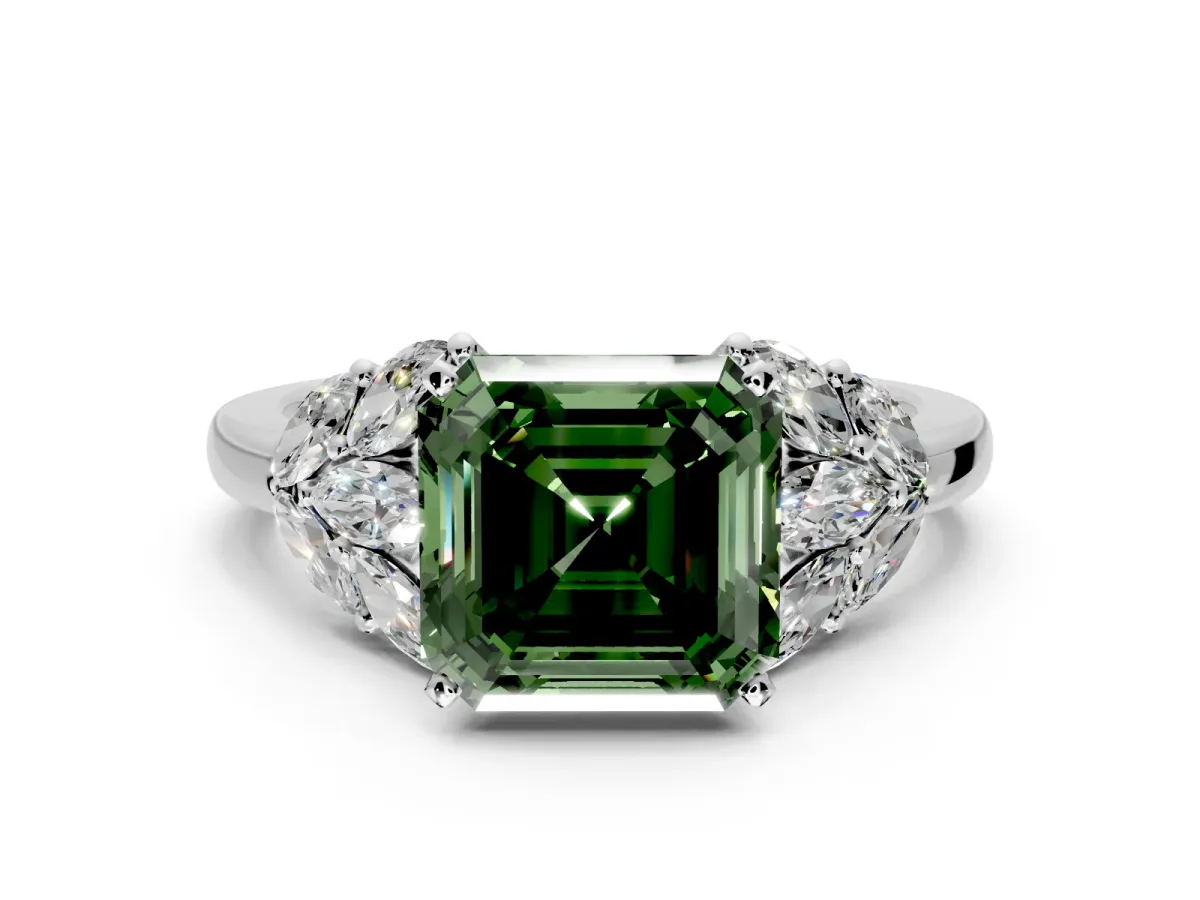 Leaf Cluster Engagement Ring Setting for Fancy Green Asscher Cut Center with Marquise Accents and Prong Head in Platinum