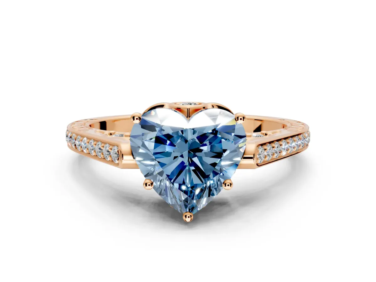 Cathedral Engagement Ring Setting for Fancy Blue Heart-Shaped Center with Antique-Style Pave Band and Prong Head in Rose Gold