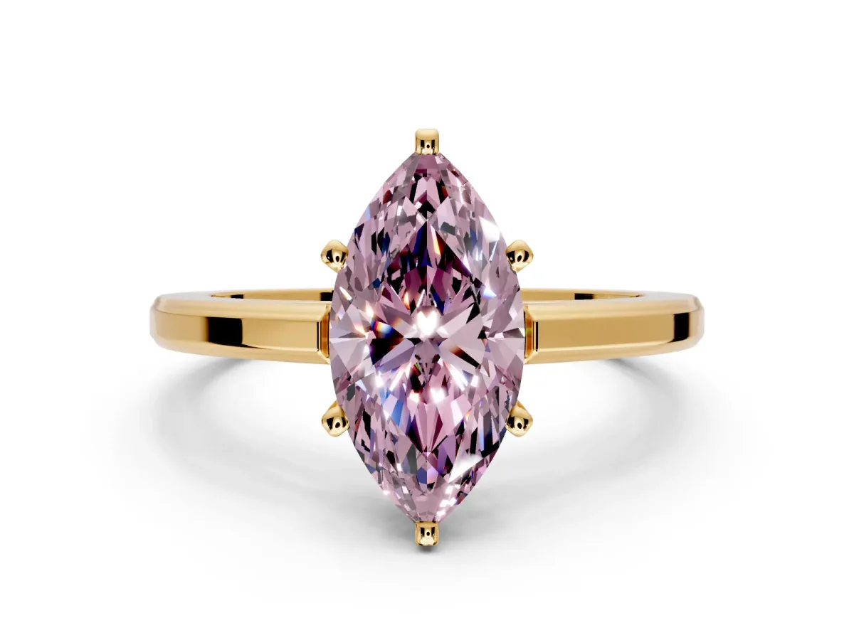 Solitaire Engagement Ring Setting for Fancy Pink Marquise Center with Flat-Sided Plain Band and Prong Head in Yellow Gold