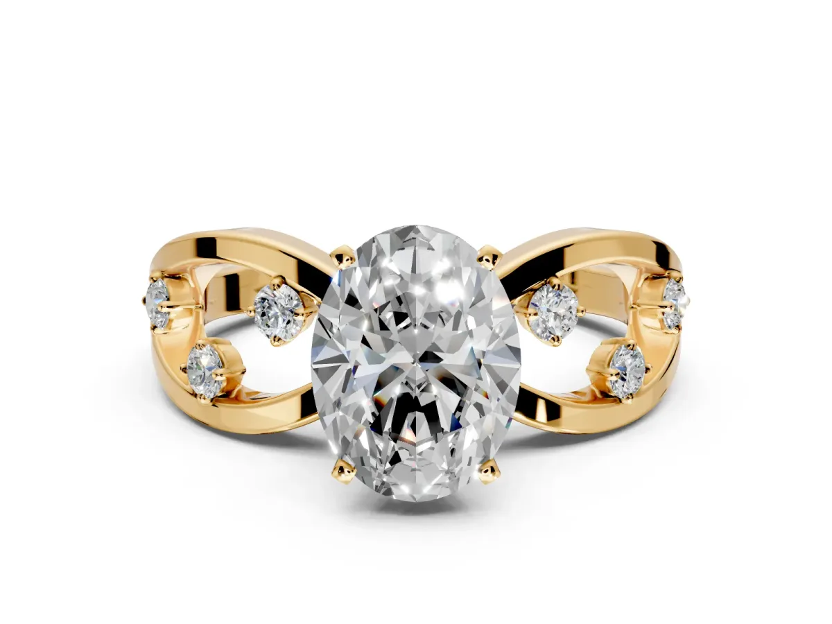 Solitaire Engagement Ring Setting for Oval Center with Criss-Cross Accent Band and Prong Head in Yellow Gold