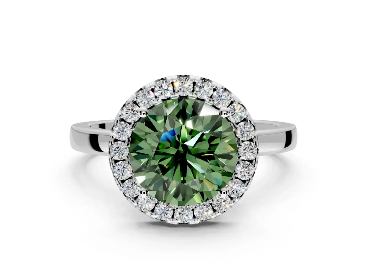 Halo Engagement Ring Setting for Fancy Green Round Cut Center with Thin Plain Band and Prong Head in Platinum