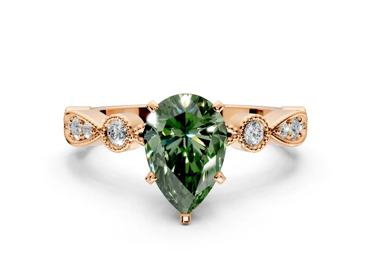 Solitaire Engagement Ring Setting for Fancy Green Pear-Shaped Center with Milgrain Bezel Accents and Prong Head in Rose Gold