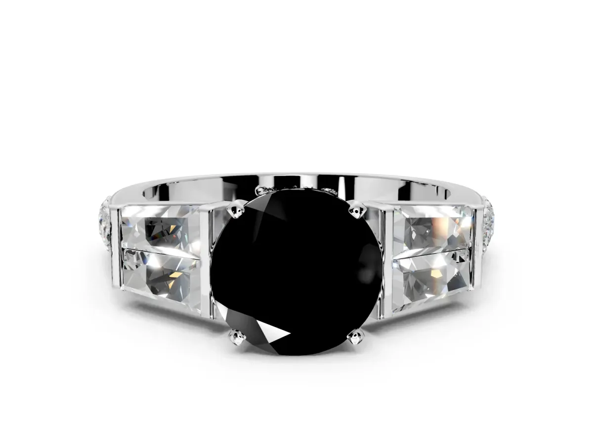 Channel-Set Engagement Ring Setting for Fancy Black Round Cut Center with Baguette Band and Prong Head in Platinum
