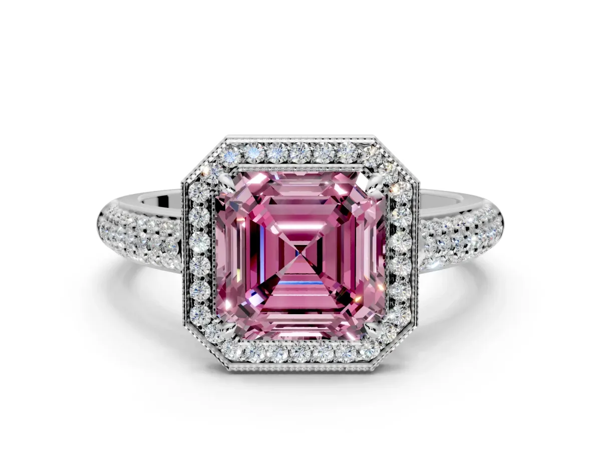 Milgrain Halo Engagement Ring Setting for Fancy Pink Asscher Cut Center with Three-Sided Pave Band and Prong Head in Sterling Silver
