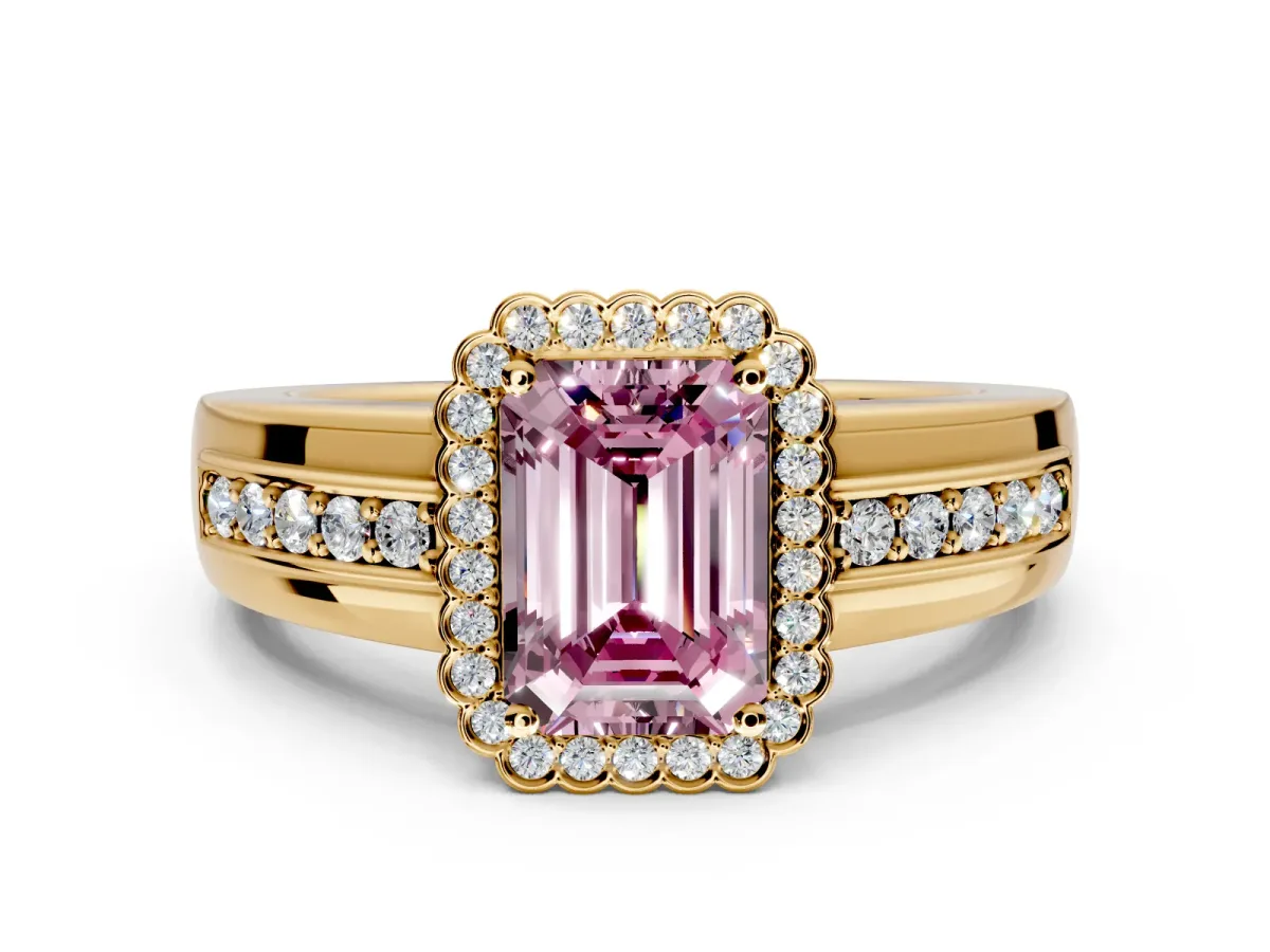 Halo Engagement Ring Setting for Fancy Pink Emerald Cut Center with Wide Band, Inlaid Accent Row and Prong Head in Yellow Gold