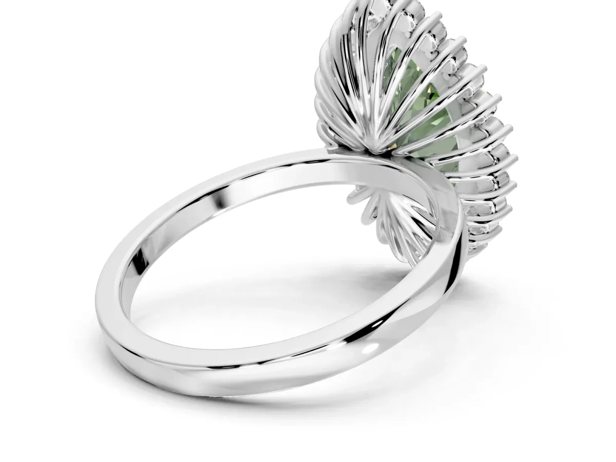 Halo Engagement Ring Setting for Fancy Green Marquise Center with Milgrain Bezel Rim, Plain Band and Prong Head in White Gold