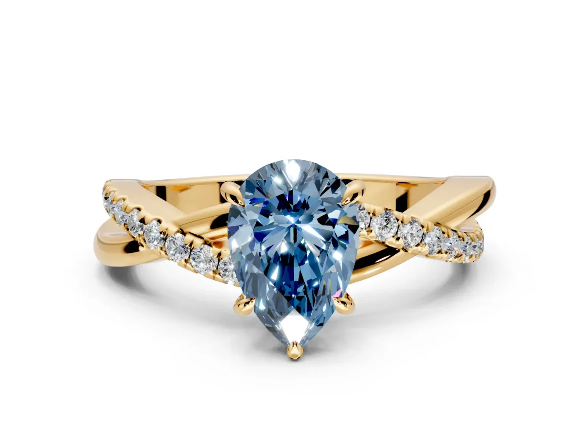 Crossover Engagement Ring Setting for Fancy Blue Pear-Shaped Center with Pave and Plain Strands and Prong Head in Yellow Gold