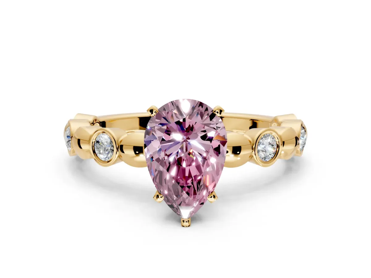 Solitaire Engagement Ring Setting for Fancy Pink Pear-Shaped Center with Beaded Bezel Station Band and Prong Head in Yellow Gold