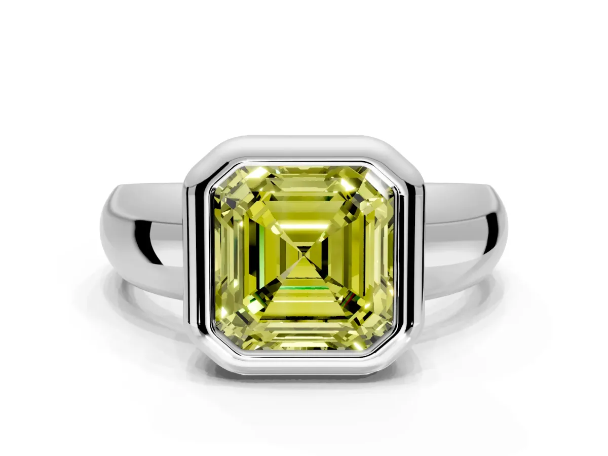 Solitaire Engagement Ring Setting for Fancy Yellow Asscher Cut Center with Wide Band and Bezel Head in Sterling Silver