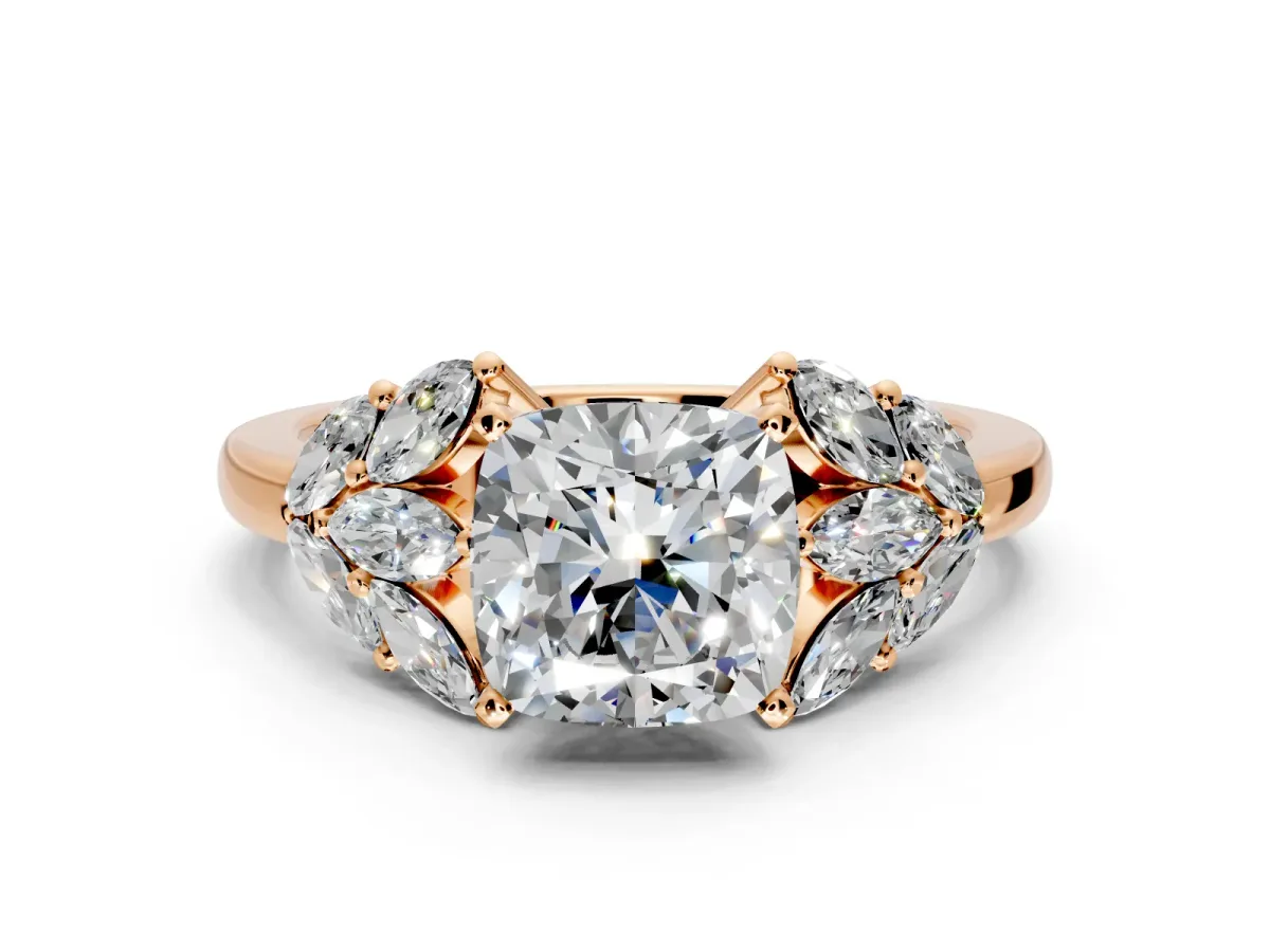 Leaf Cluster Engagement Ring Setting for Cushion Cut Center with Marquise Accents and Prong Head in Rose Gold