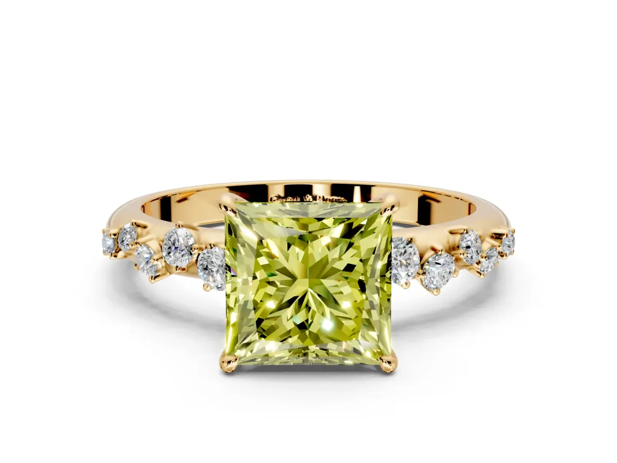 Cluster Engagement Ring Setting for Fancy Yellow Princess Cut Center with Round Cut Accent Band and Prong Head in Yellow Gold