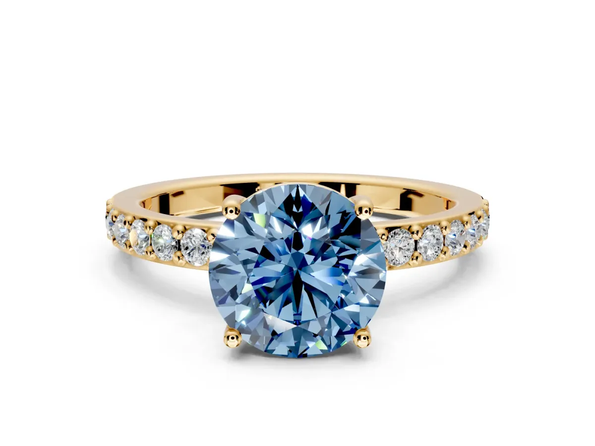 Solitaire Engagement Ring Setting for Fancy Blue Round Cut Center with Round Cut Pave Band and Prong Head in Yellow Gold