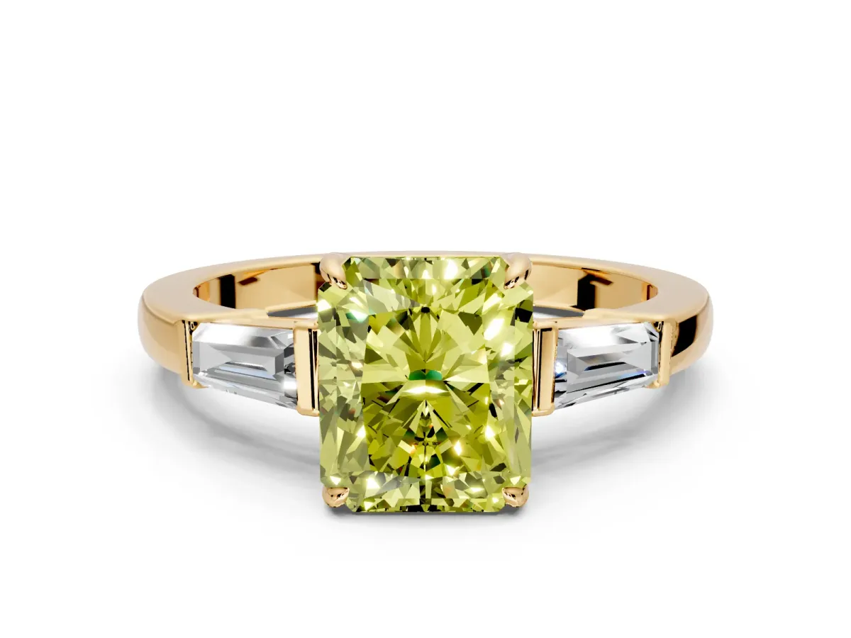 3 Stone Engagement Ring Setting for Fancy Yellow Radiant Cut Center with Baguette Accents and Prong Head in Yellow Gold
