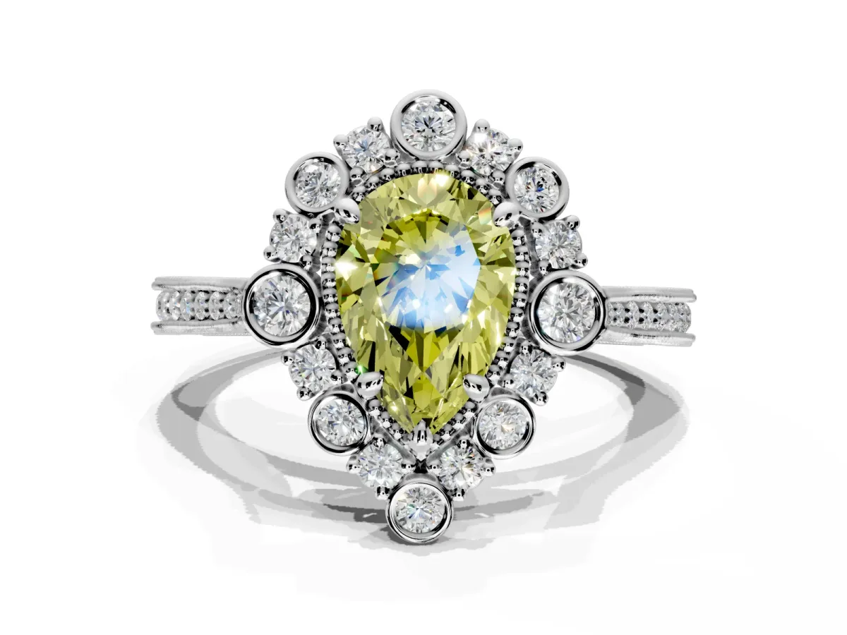 Milgrain Halo Engagement Ring Setting for Fancy Yellow Pear-Shaped Center with Bezel Point Accents and Prong Head in White Gold
