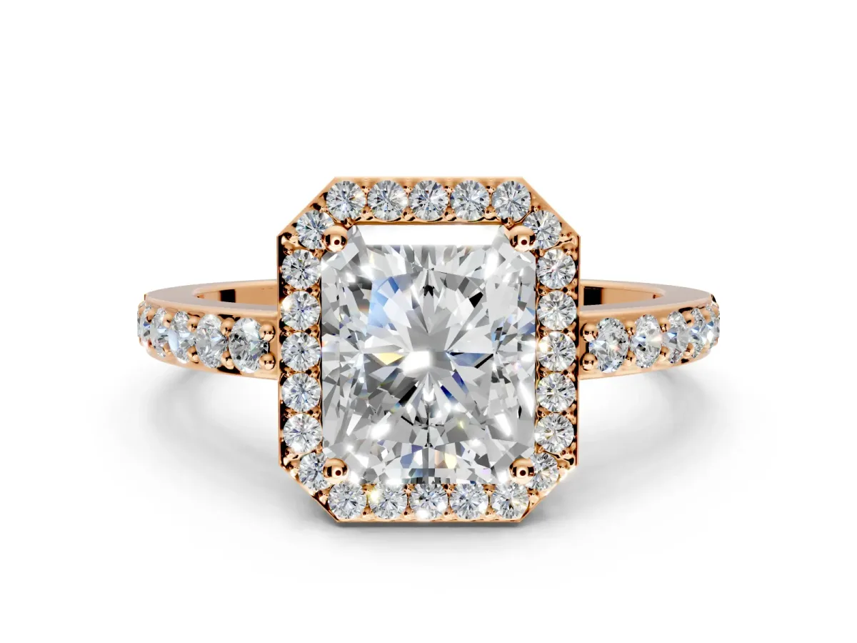Halo Engagement Ring Setting for Radiant Cut Center with Heart-Shaped Openwork, Pave Band and Prong Head in Rose Gold