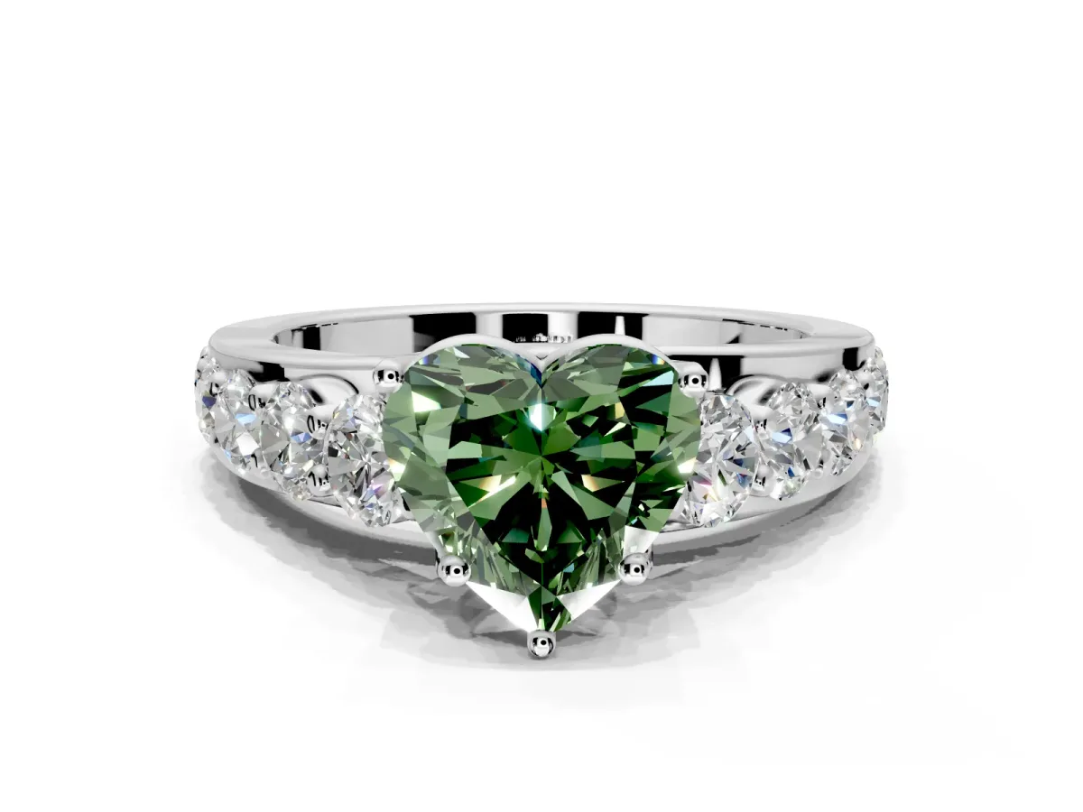 Solitaire Engagement Ring Setting for Fancy Green Heart-Shaped Center with Graduated Shared Prongs and Prong Head in Sterling Silver