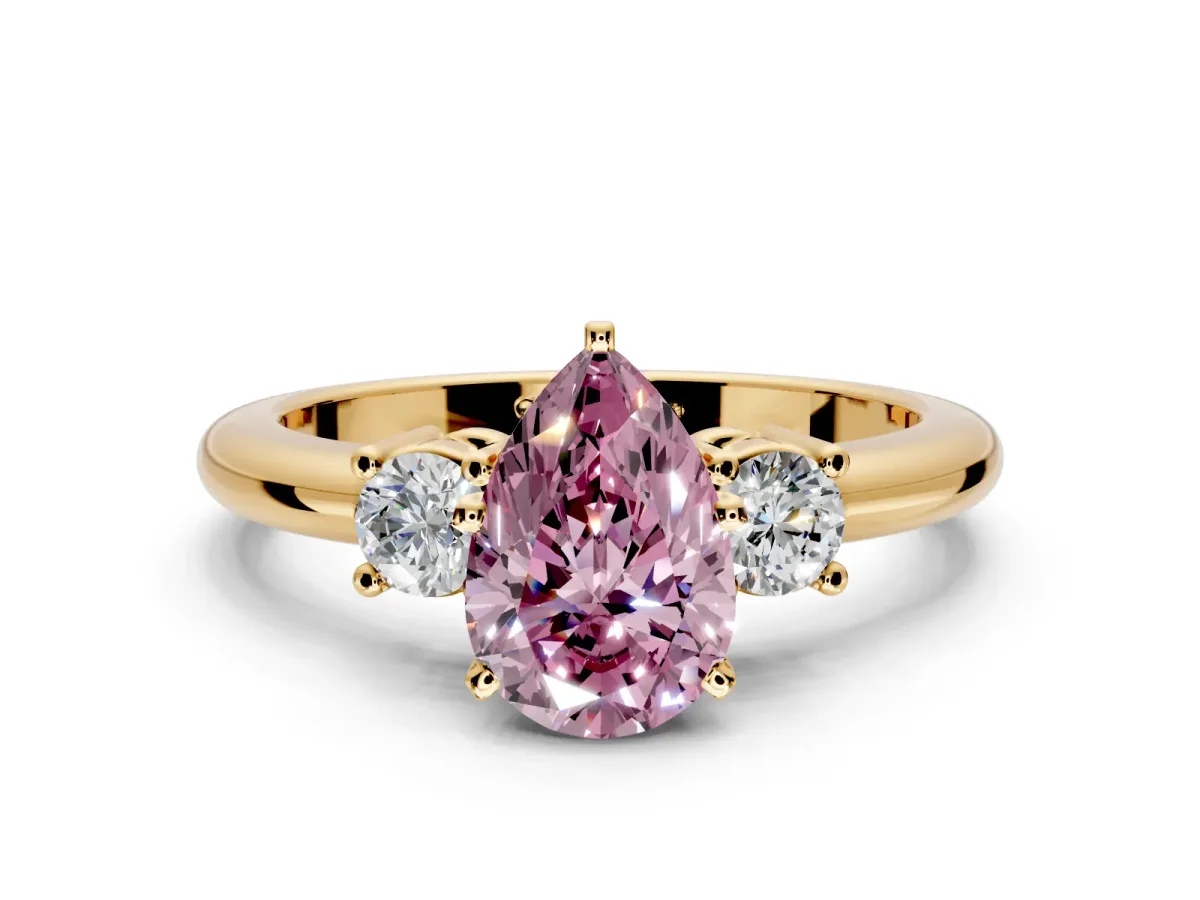 3 Stone Engagement Ring Setting for Fancy Pink Pear-Shaped Center with Wide Plain Band and Prong Head in Yellow Gold
