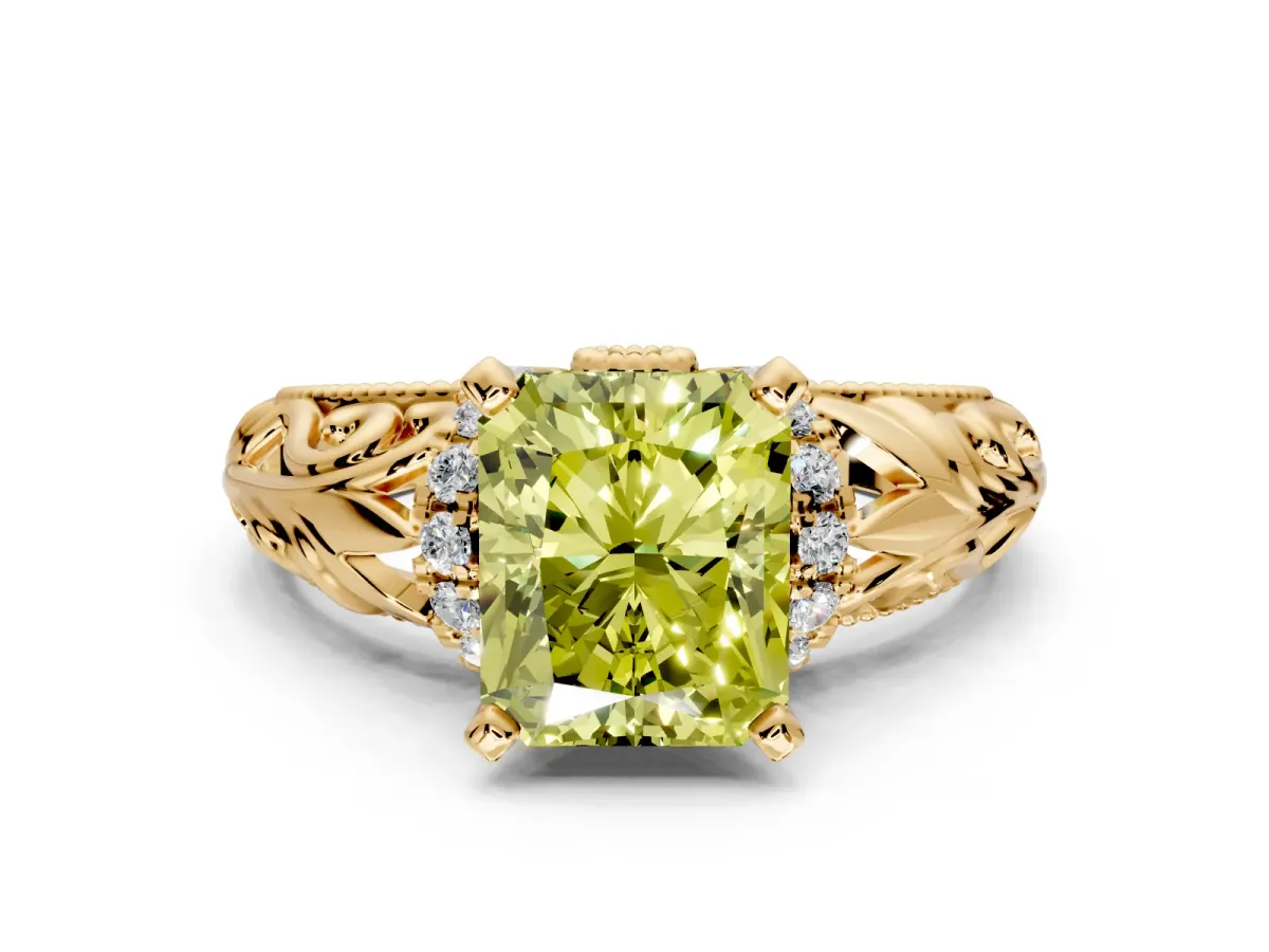Solitaire Engagement Ring Setting for Fancy Yellow Radiant Cut Center with Filigree Accent Basket and Prong Head in Yellow Gold