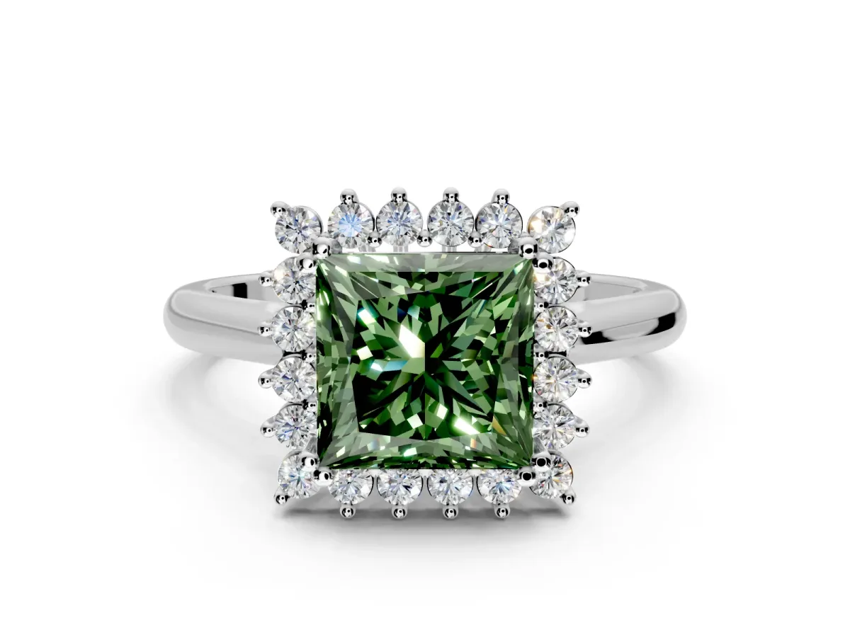 Starburst Halo Engagement Ring Setting for Fancy Green Princess Cut Center with Thin Round-Wire Band and Prong Head in White Gold