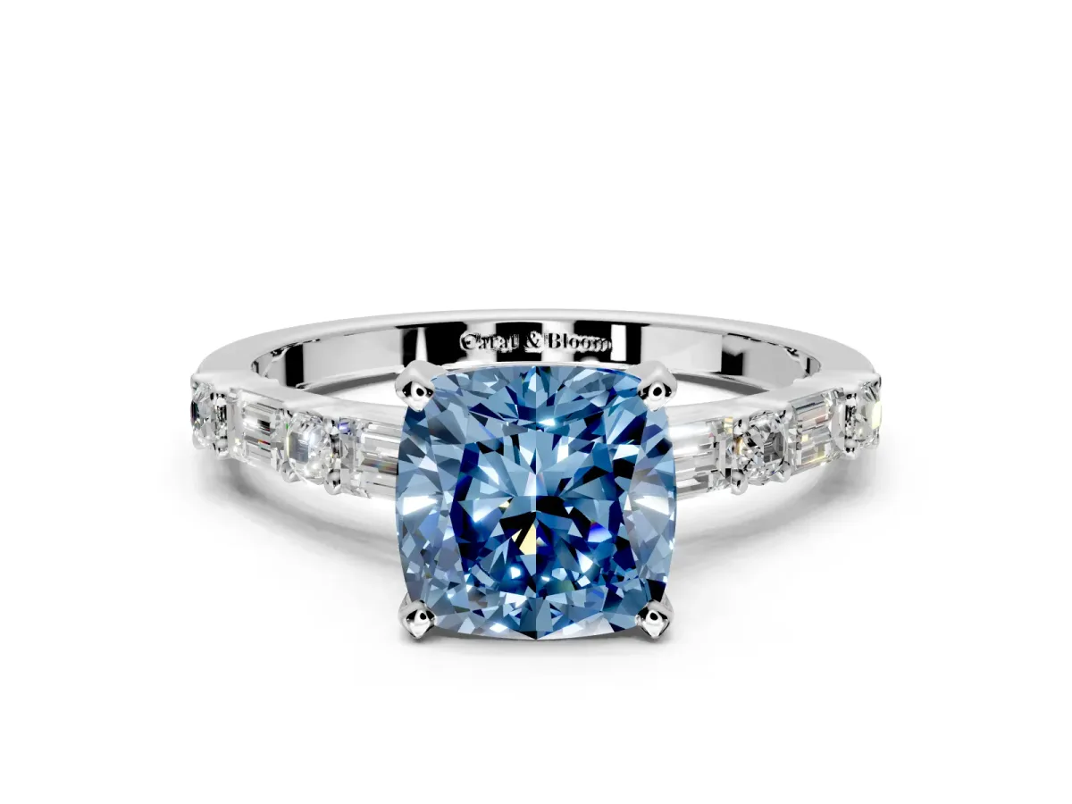Baguette Engagement Ring Setting for Fancy Blue Cushion Cut Center with Alternating Bar-Set Band and Prong Head in Platinum
