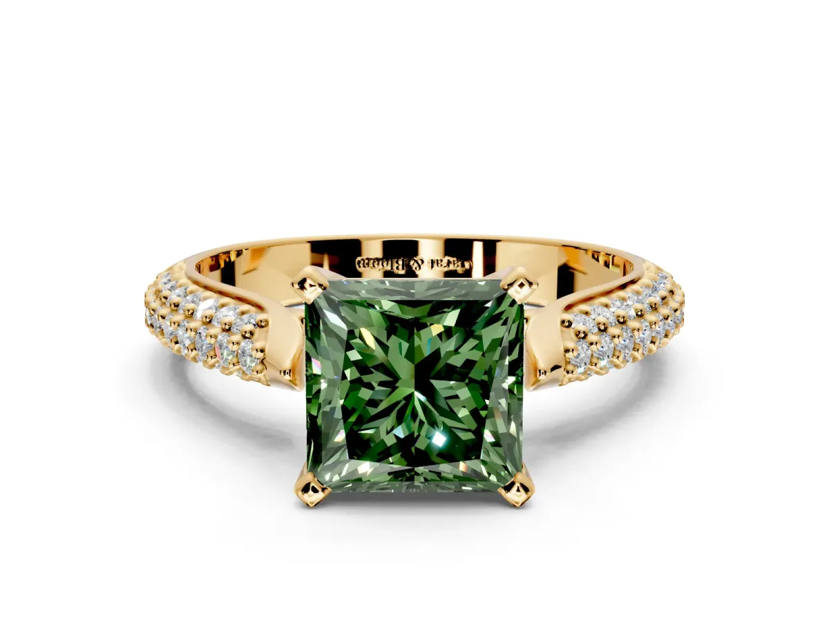 Solitaire Engagement Ring Setting for Fancy Green Princess Cut Center with Multi-Row Accents and Prong Head in Yellow Gold