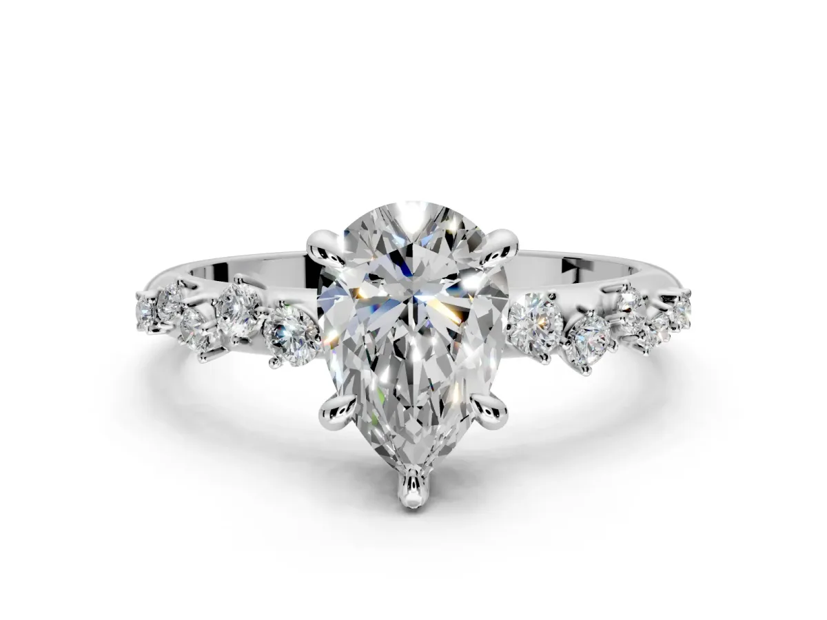 Solitaire Engagement Ring Setting for Pear-Shaped Center with Trailing Leaf Accent Band and Prong Head in Sterling Silver