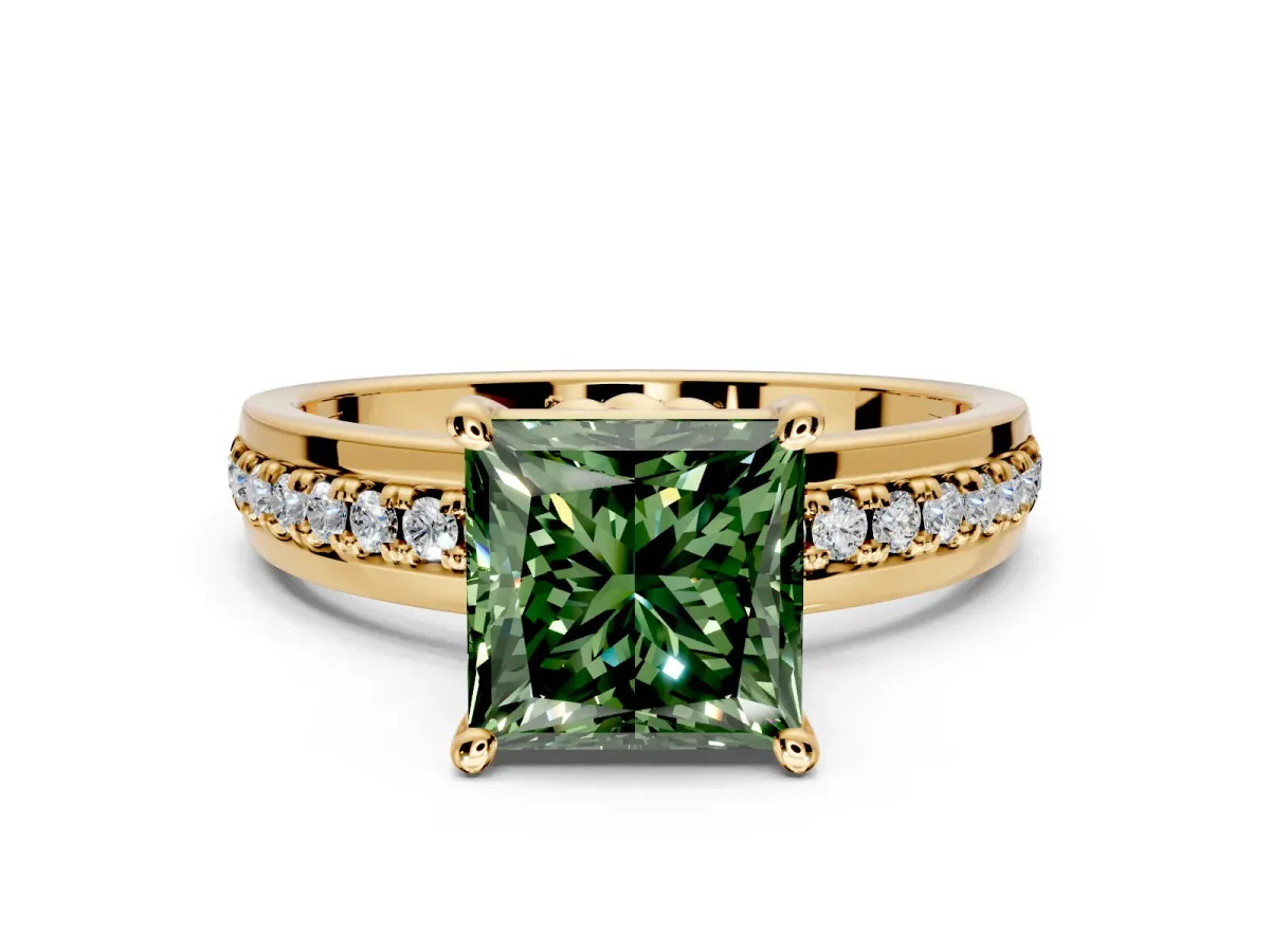 Solitaire Engagement Ring Setting for Fancy Green Princess Cut Center with Raised Channel Band and Prong Head in Yellow Gold